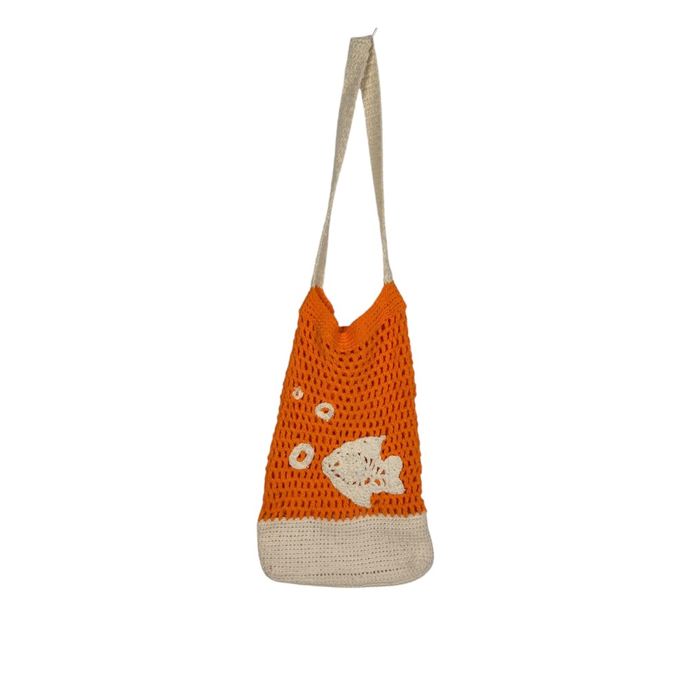 Handmade Crochet Fish Tote Bag Orange Cream Boho Coastal Summer Market Bag